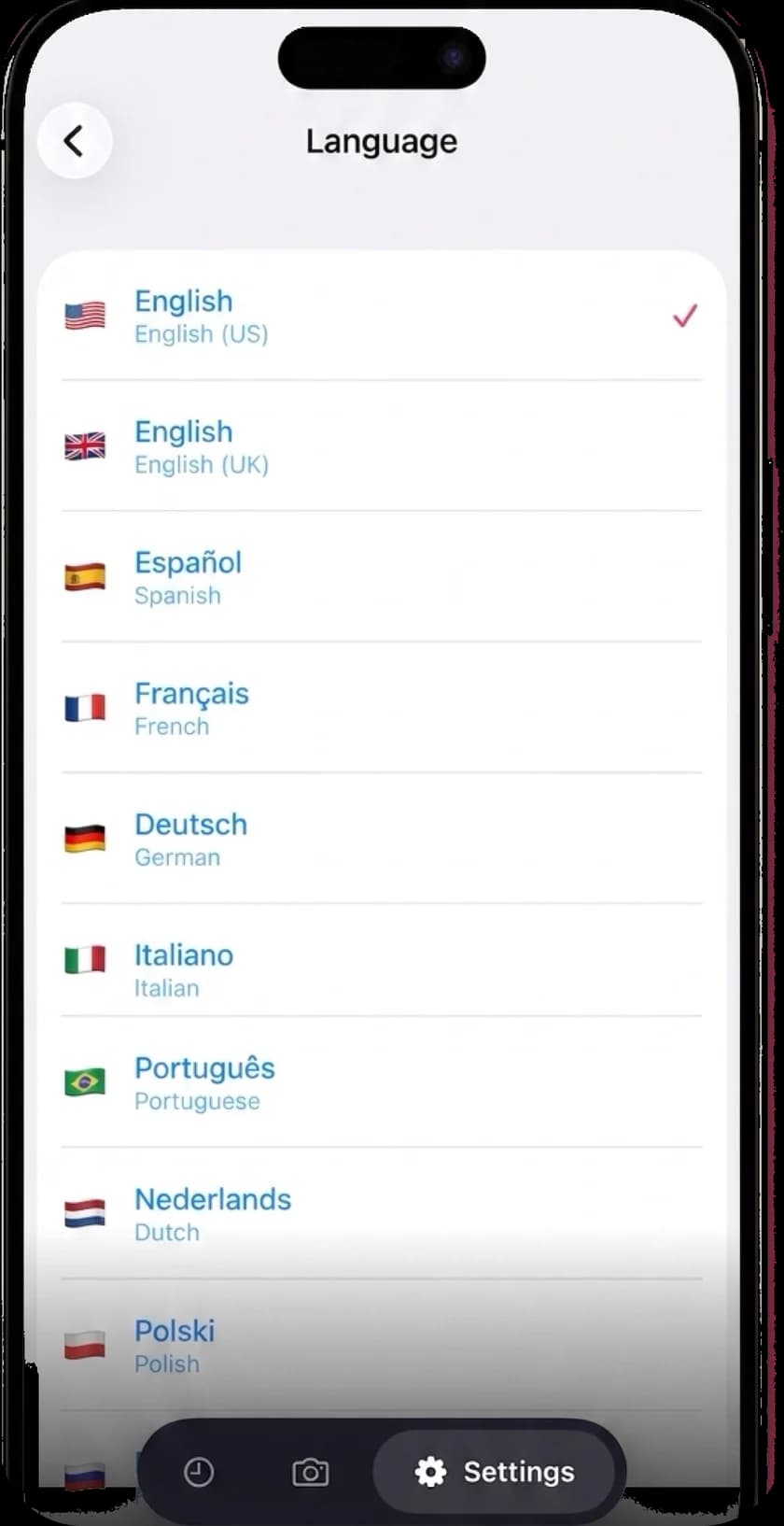 The MathScans language settings screen listing English, Spanish, French, German, Italian, Portuguese, Dutch, Polish and more