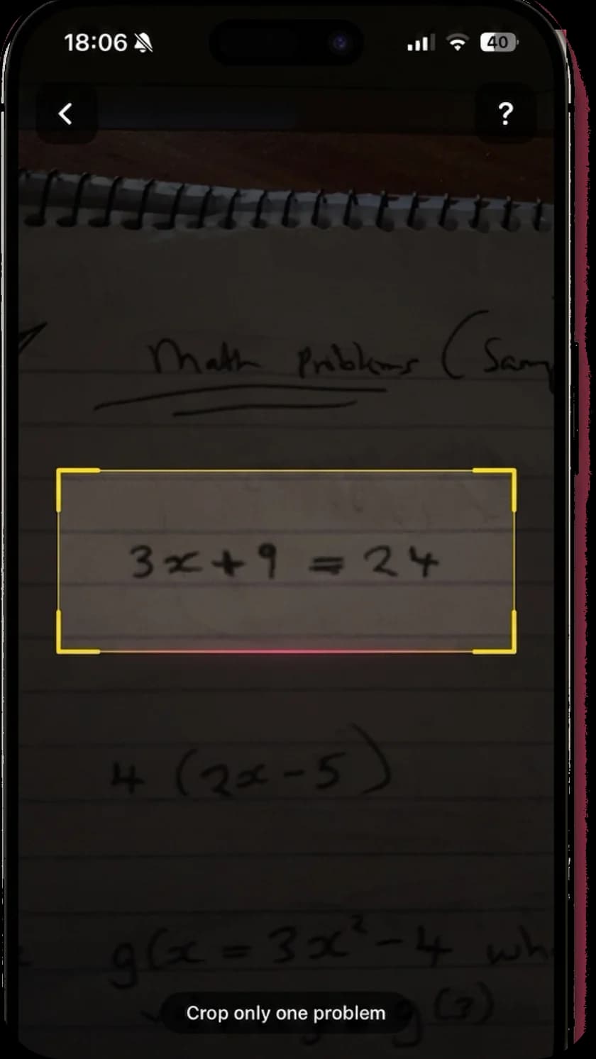 The MathScans camera framing a handwritten equation on lined paper, with a crop box around 3x + 9 = 24