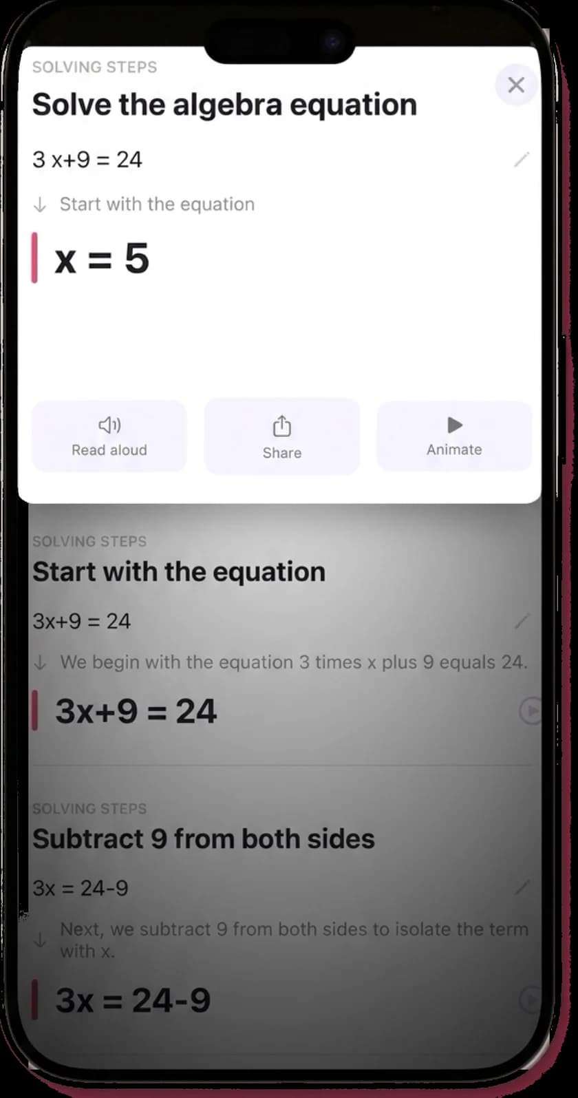 A MathScans solution listing each step of 3x + 9 = 24 with the equation state and an explanation